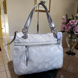 NWT White Silver Coach Poppy Signature Sateen Glam Tote